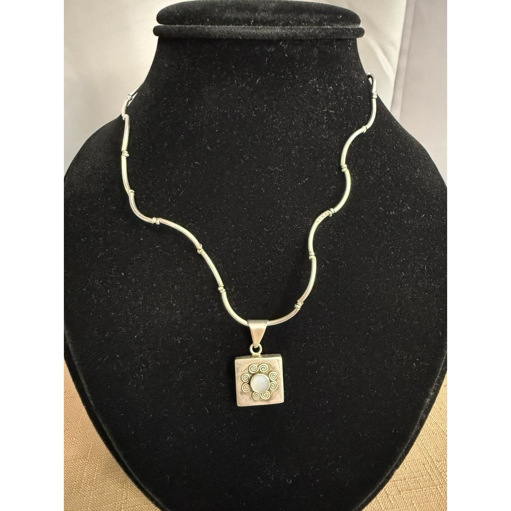 Sterling Silver Wavy Bar Chain Necklace With Square 925 Pendant Stunning Unique